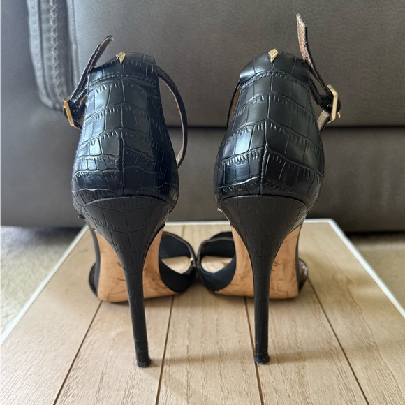 Sam Edelman Heels Size 7.5 Eleanor Black Snake Print Ankle Buckle Strap Open Toe - Picture 5 of 10